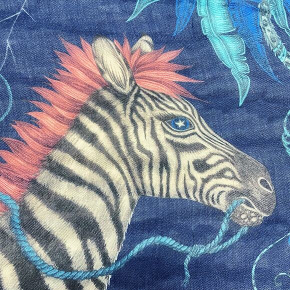 EMMA J. SHIPLEY "The Lost World" Zebra Fantasy Magic Blue Wool Square Scarf 50" - Picture 6 of 9